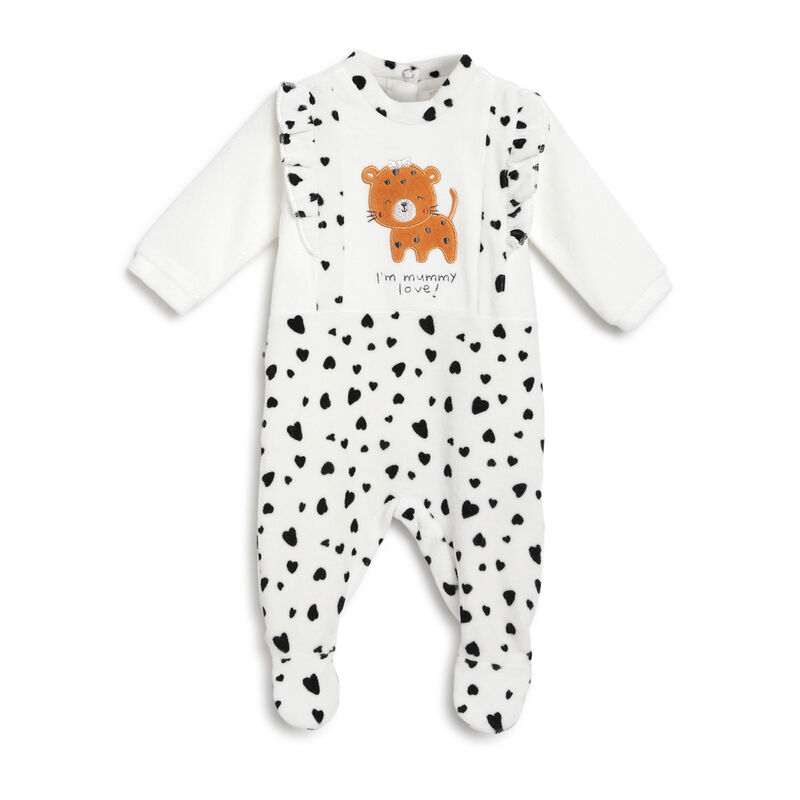Girls White and Black Printed Nappy Opening Babysuit image number 0